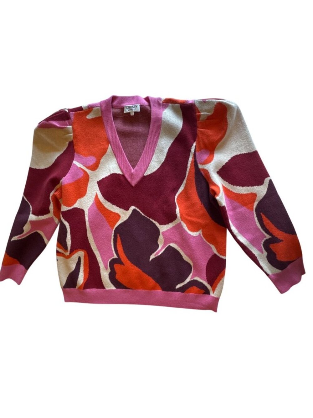 Crosby By Mollie Burch L Abstract Floral Puff Sleeve V Neck Knit Sweater Preppy - Picture 3 of 12